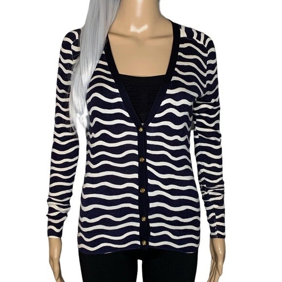 Tory Burch Madeline Navy Zebra Cashmere Cardigan Size XS - Picture 1 of 8